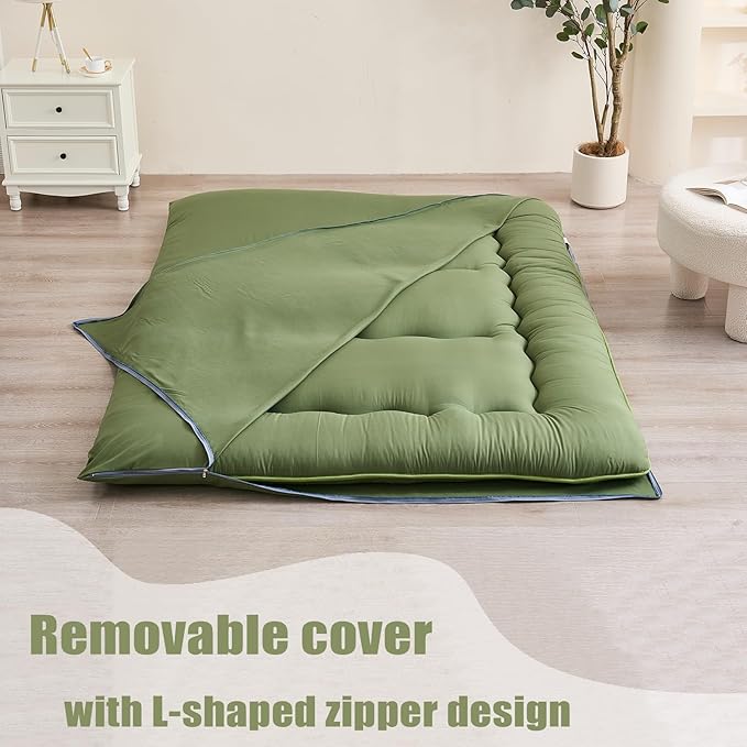 Japanese Floor Mattress, Futon Mattress with Portable Storage Bag and Washable Cover, Roll Up Thick Tatami Mat Suitable for Camping, Guest Room, Green, Twin