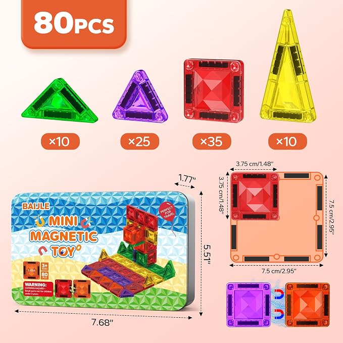 80PCS Mini Magnetic Tiles, Diamond Pattern Travel Magnetic Tiles Building Set with Case, Construction Toys for Kids 4-8 Portable Classroom Educational Learning Toddler Toys for Boys Girls Gift Ages 3+