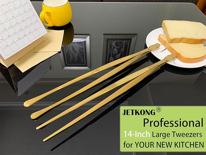 JETKONG 2 Pcs 14-Inch Cooking Tweezers Extra Long Stainless Steel Food Tweezers Kitchen Tweezer Tongs (Gold)