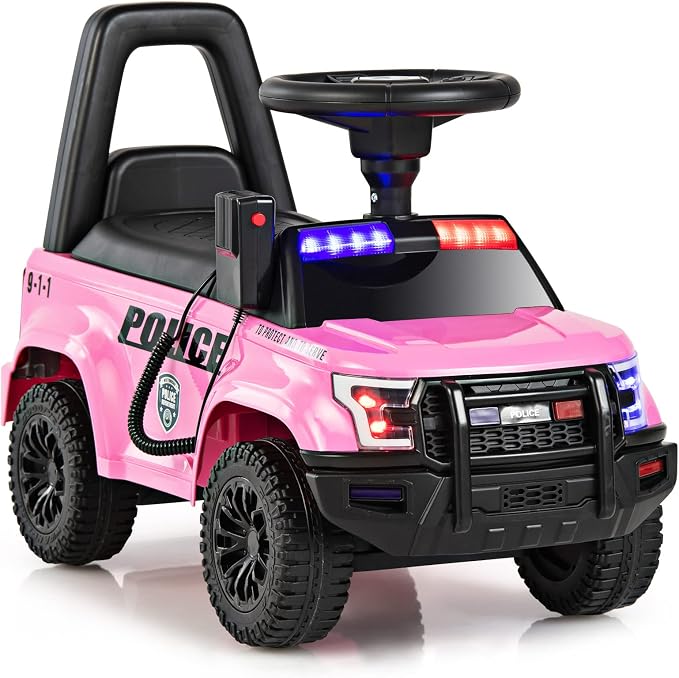 OLAKIDS Ride On Push Police Car, Toddler Foot-to-Floor Sliding Toy with Siren, Steering Wheel, Megaphone, Horn, Headlights, Under Seat Storage, Kids Racer Walking Gift for Boys Girls 1-3 (Pink)