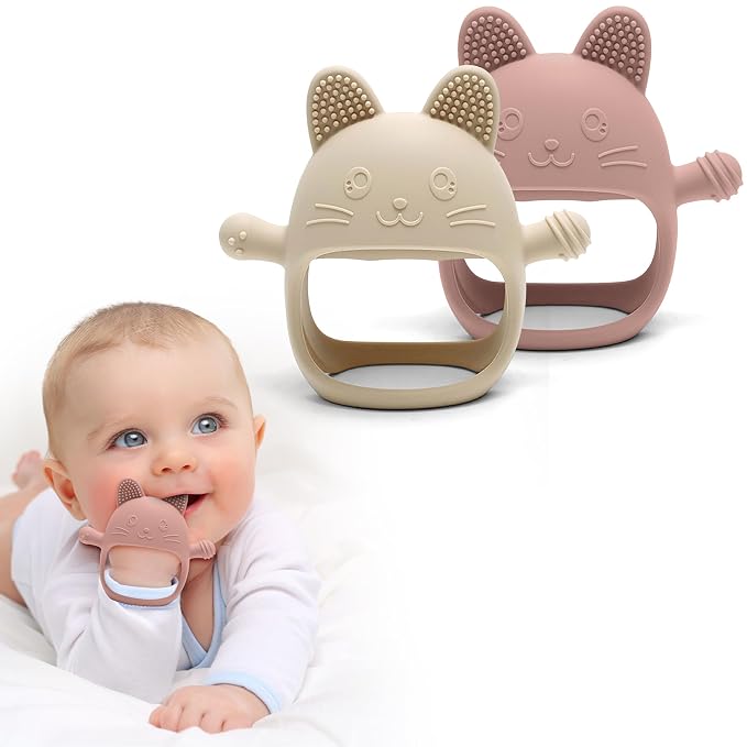 HippoBaby Rabbit Hand Guard Teether 2-Pack – Silicone Baby Teething Toys for Infants, Toddlers & Newborns – 100% Food Grade, BPA-Free¸Flexible Gum Soother (Rabbit Hand Guard - Pink/Cream)