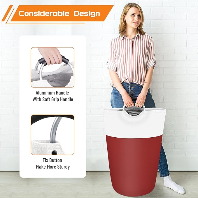 BlissTotes 115L Laundry Basket, Freestanding Laundry Hamper, Collapsible Dirty Clothes Hamper, Waterproof Fabric with Foam Protected Aluminum Handles for College, Dorm, Family (Red)