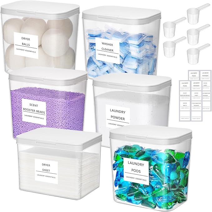 Lifewit Laundry Pods Container with Pop-up Lid, Detergent Dispenser, Dryer Sheet Holder, Laundry Room Organization Storage Jars for Washing Powder, Soap, Scent Booster Beads,0.5+0.72gal, 6 Pcs