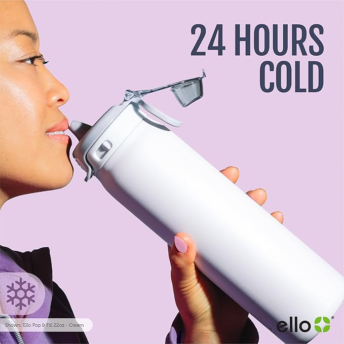 Ello Pop & Fill 22oz Stainless Steel Water Bottle with Quick Fill Technology, Double Walled and Vacuum Insulated Metal, Leak Proof Locking Lid, Sip and Chug, Reusable, BPA Free, Cherry Breeze