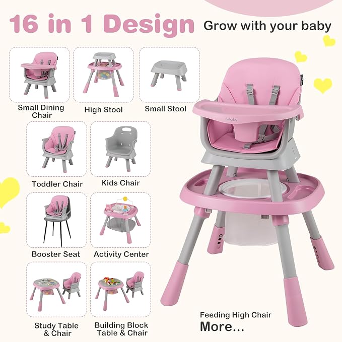 BABY JOY 16 in 1 High Chair, Convertible Baby Highchair for Babies and Toddlers with Activity Center, Booster Seat, Building Block Table, Toddler Chair with Safety Harness, Removable Tray (Pink)