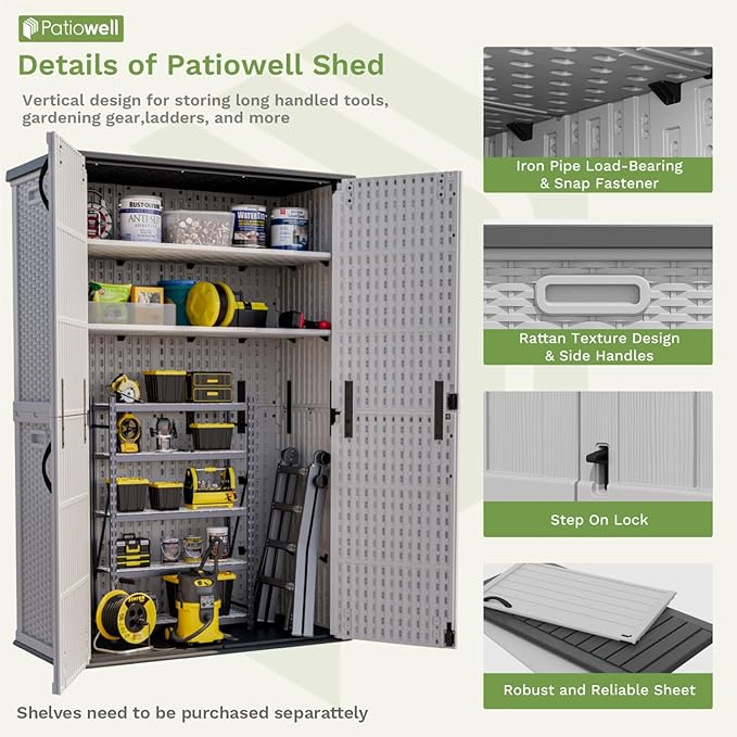 Patiowell 50 cu.ft Plastic Outdoor Storage Shed, Lockable Waterproof Resin Storage Cabinet Vertical Storage Shed for Garden Tools, Garbage Cans, Pool Supplies, White(Not Include Shelves)