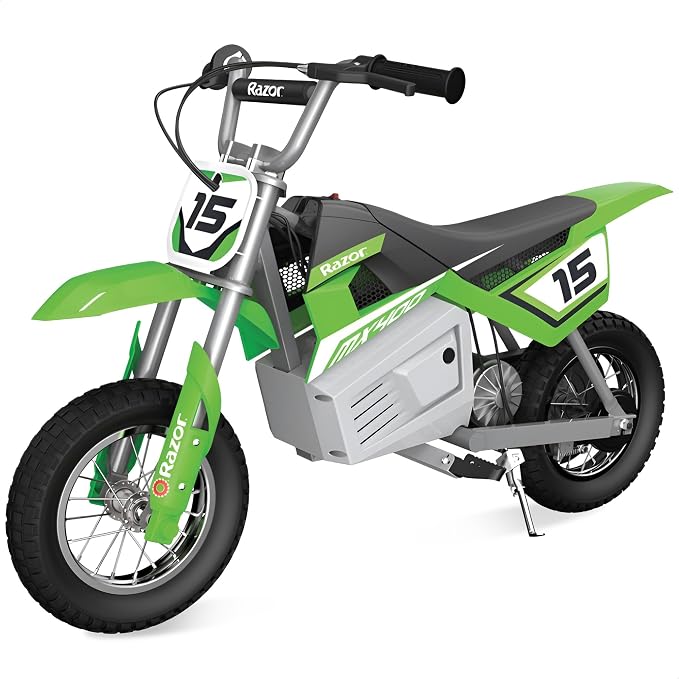 Razor MX400 Dirt Rocket Electric Bike for Kids Ages 8+, 140 Pounds Max Weight, Green – 24-Volt Battery, up to 14 Mph, 30-Minute High Speed Ride Time, Twist-Grip Throttle, 12-Inch Pneumatic Tires