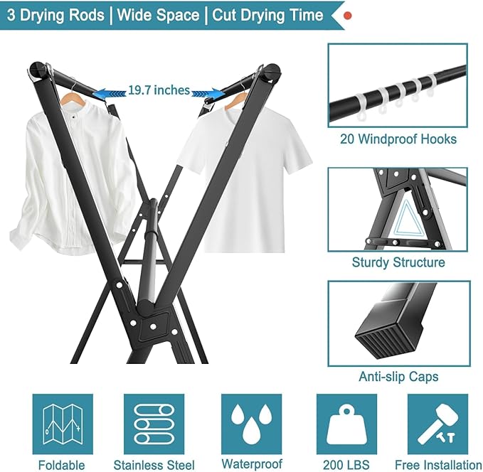 JAUREE 95 Inches Clothes Drying Rack, Drying Rack Clothing Folding Indoor Outdoor, Heavy Duty Stainless Steel Laundry Drying Rack, Foldable Portable Clothes Rack Garment Rack with 20 Hooks Black