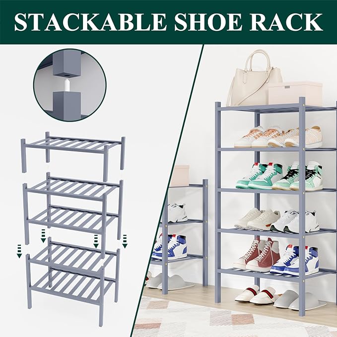 Smiry Shoe Rack, 3 Tier Small Bamboo Shoe Organizer, Stackable Free Standing Wooden Shoe Storage Shelf for Closet, Entryway, Front Door Entrance, Grey