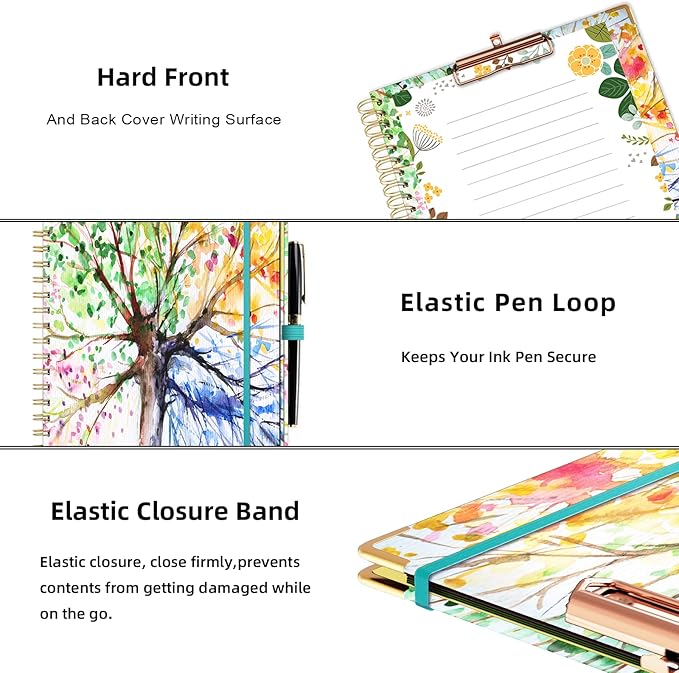Ospelelf Clipboard with Storage 8.5 X 11，Padfolio Organizer, Spiral Portfolio Letter Size with Notepad, Pen Holder, 5 Extra Folder Divider Pages, Elastic Closure Nurse Office Essentials (Tree Seasons)