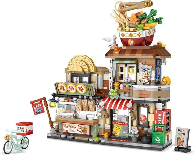 Street View Noodle Shop Mini Building Blocks, MOC Creative Building Toys Model Set for Girls 7-9 Years Old, 870 PCS Simulation Architecture Construction Toy, Gift Idea for Kids Adults