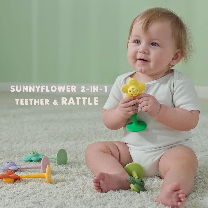 Baby Teething Toys and Rattle 2-in-1 for Babies 0-6 6-12 Months, Food Grade Silicone Teethers for Baies 3-6 Months, Infant Teething Relief Chew Toys, Sunnyflower Teether Toy BPA Free - Green