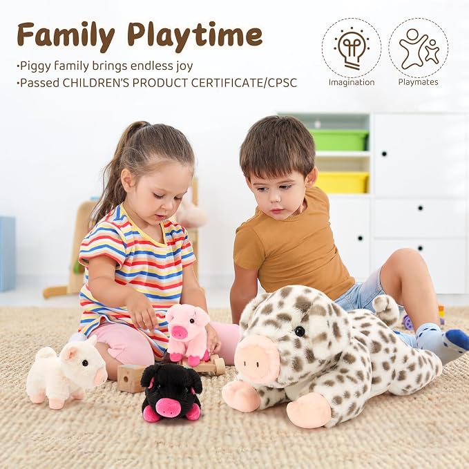 MorisMos Spotted Pig Stuffed Animal Set,20'' Large Mama and 3 Baby Piglet Stuffed Animals for Girl Boy,4 Pack Plush Pig Toys Gifts for Kid,Piglet Lover, Cute Piggy Decor for Birthday Party Christmas