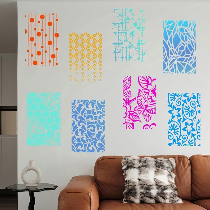 Yazhiji 8PCS Geometric Stencils for Painting, Reusable Large Size Geometric Painting Stencils Abstract Layering Stencil for Painting on Wood Canvas Furniture Wall Floor Decor Drawing DIY Art Supplies