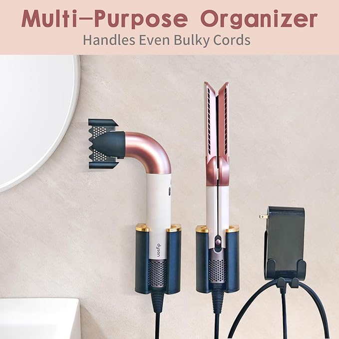 Dyson Airwrap Holder, Aluminum Curling Iron Holder Wall Mount for Dyson Airwrap/Airstraight/Shark Flex Style, Flat Iron Holder for Bathroom Storage, Black & Gold Chochoyah