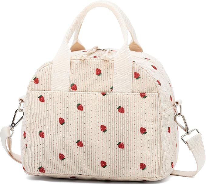 Crossbody Strawberry Lunch Bag for Women, Insulated Corduroy Tote with Adjustable Strap, Water Resistant Lunch Box for Work, Picnic, Travel or Beach, Beige Cream Reusable Lunch Box