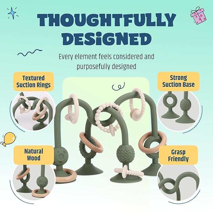 Jumble Jangle Baby Teething Toys – BPA-Free, Multi Purpose High Chair Toys & Sensory Toys for Kids with Autism: Suction Teething Relief with Sensory Toy Textures for Infants & Toddlers (Dark)
