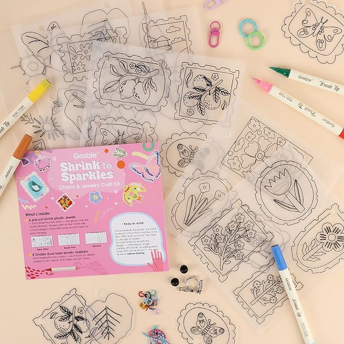 Grabie DIY Shrink Art Craft Kit Jewelry Making Kit for Kids Adults, 25+ Pre-Cut Shapes, 5 Dual-Tip Markers, Custom Charms, Pins, Rings, Keychains (Retro Vibes - Beginner Friendly)
