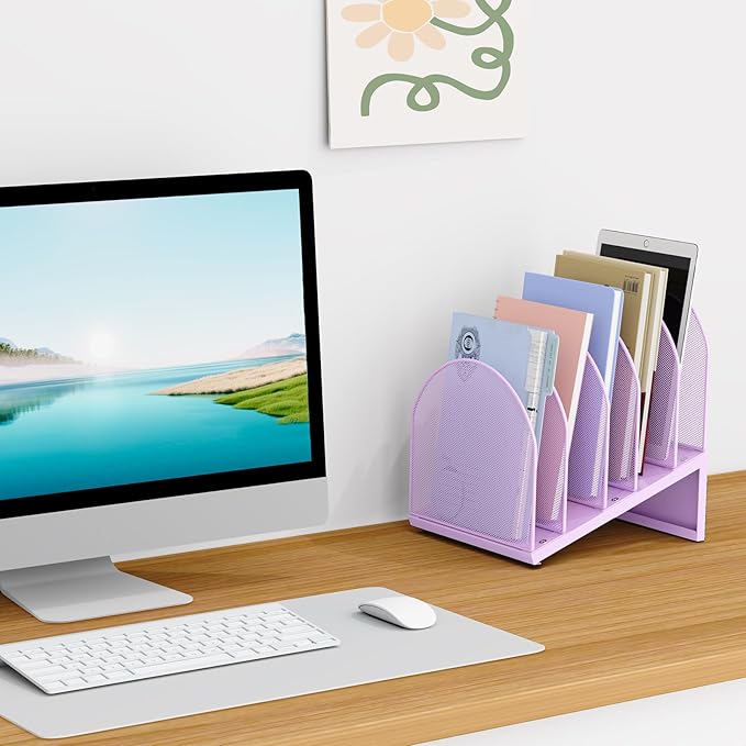 5-Section Desk File Organizer, Metal Mesh Folder Organizer for Documents, Mail & Office Papers (Purple)