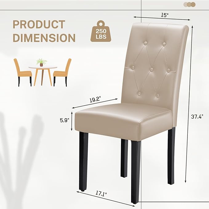 Furmax Ergonomic Dining Chairs Set of 4, PU Leather Dinning Room Chairs, Button Tufted Kitchen Chairs with Adjustable Wood Legs for Kitchen Living Room (Leather Beige, 4)