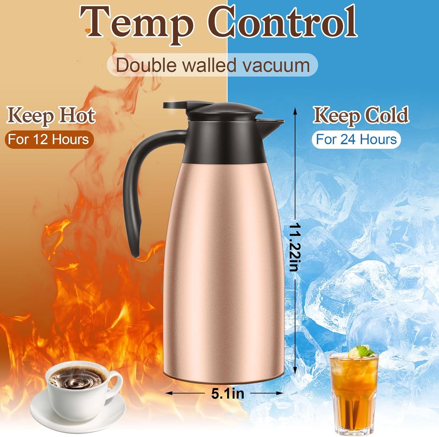 1 PCS 68 OZ Thermal Coffee Carafe, Insulated Stainless Steel Coffee Carafe Double Walled Vacuum Thermal Pot Flask with Brushes Thermos for Keeping Hot Coffee Tea Home and Office (Gold）