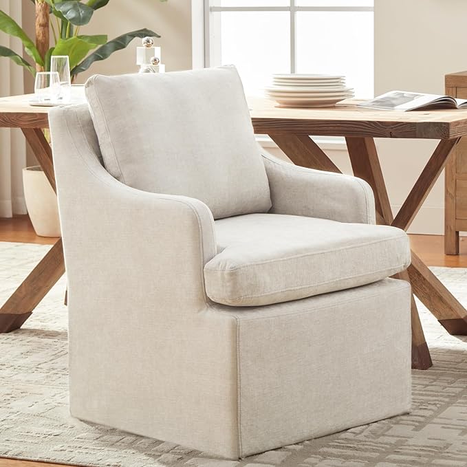 VKNOW Upholstered Dining Chairs Set of 2, Modern Kitchen Chairs Dinner Chairs with 4 Casters, Chenille Armchair for Bedroom Reading Room Living Room, Beige