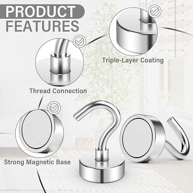 60Pack Heavy Duty Magnetic Hooks, 25 lbs Strong Neodymium Magnet Hooks for Hanging Mugs, Magnet with Hook for Cruise, Grill, Fridge, Classroom, Camping Essentials, Beach Vacation Essentials