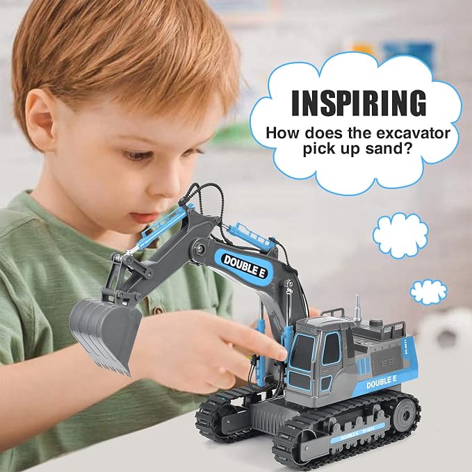 DOUBLE E Remote Control Excavator Toy RC Excavators Rechargeable Battery Digger Hydraulic Construction Toys Vehicles Xmas Gift for Boys Girls Kids 3-14 Years，Gray-Blue