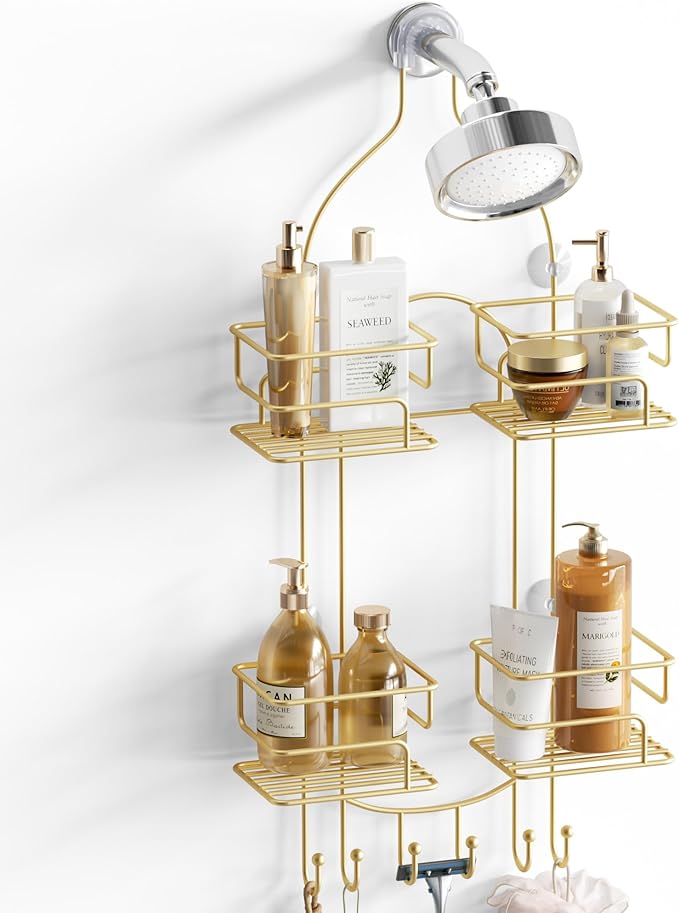 SRIWATANA Shower Caddy Hanging, Bathroom Organizer, No Drilling Shelves Over Shower Head, Bath Rack Holder with Hooks for Razors and Sponge - Gold