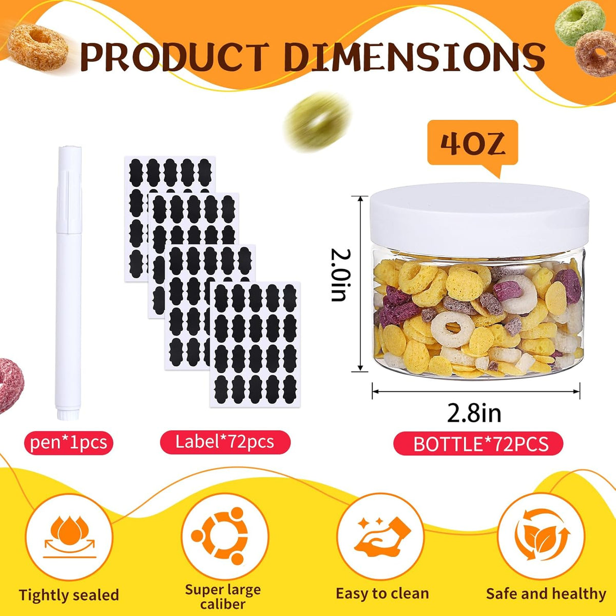 72pcs 4 oz Plastic Containers with Lids Labels Leak Proof BPA Free Airtight Refillable Clear Small Containers Storage Jars for Storing Dry Food Slime Honey Jam,white