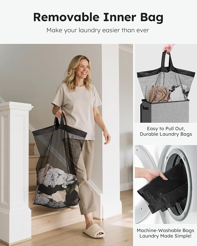 SOLEDI Laundry Hamper with Lid 90L Large & Tall Collapsible Laundry Basket, Clothes Hamper with Bag Removable Easy to Carry, Dirty Hampers for Bedroom, Bathroom, Dorm, College, Grey