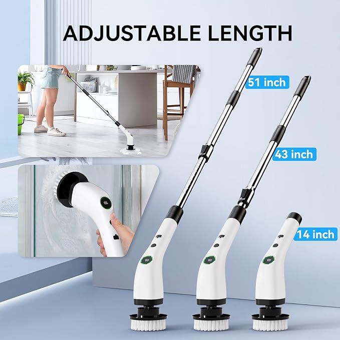 Electric Bathroom Cleaning Brush, Cordless Spin Scrubber Full Body Waterproof IPX7 with Adjustable Handle, 8 Replaceable Brush Heads for Bathtub/Kitchen/Window/Home -SD-CTB01