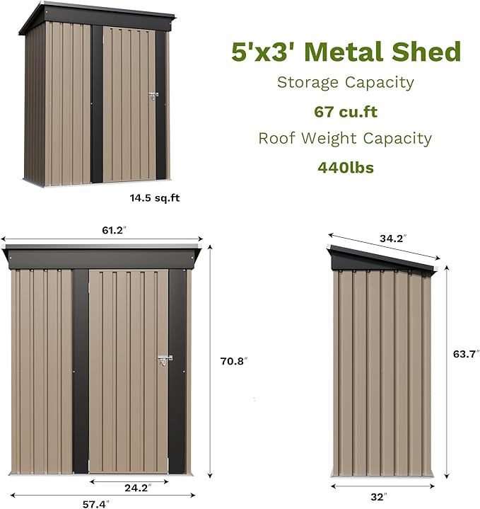 Patiowell 5x3 FT Outdoor Storage Shed, Tool Shed with Sloping Roof and Lockable Door, Metal Shed for Backyard Garden Patio Lawn, Brown