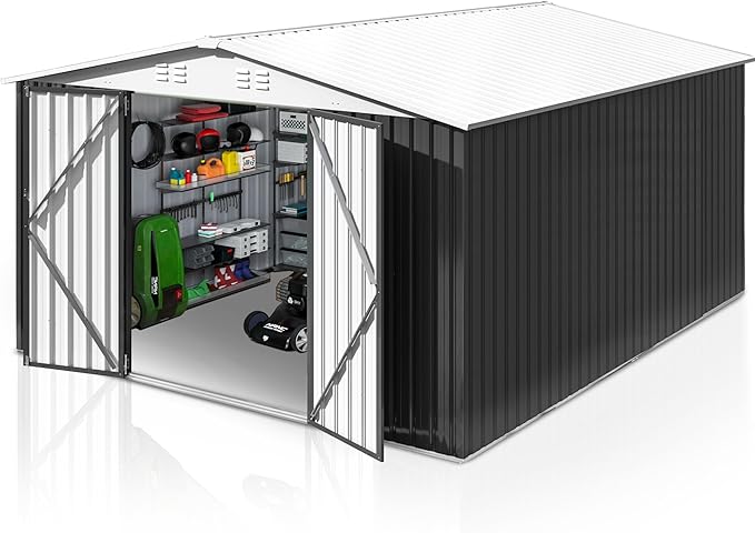 10x12 FT Outdoor Storage Shed, Metal Garden Shed with Updated Frame Structure and Lockable Doors, Heavy Duty Weatherproof Tool Sheds for Backyard Garden Patio Lawn, White