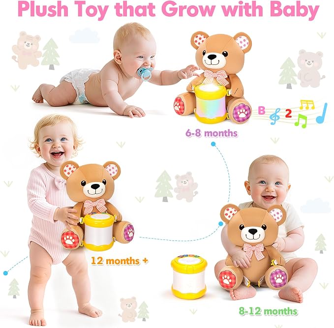 V-Opitos Stuffed Bear Musical Toys for Baby 6-12 Months+, Early Learning Light up Music Drum, Perfect Christmas Birthday Gifts for Boy & Girl Age 1, 2 Years Old
