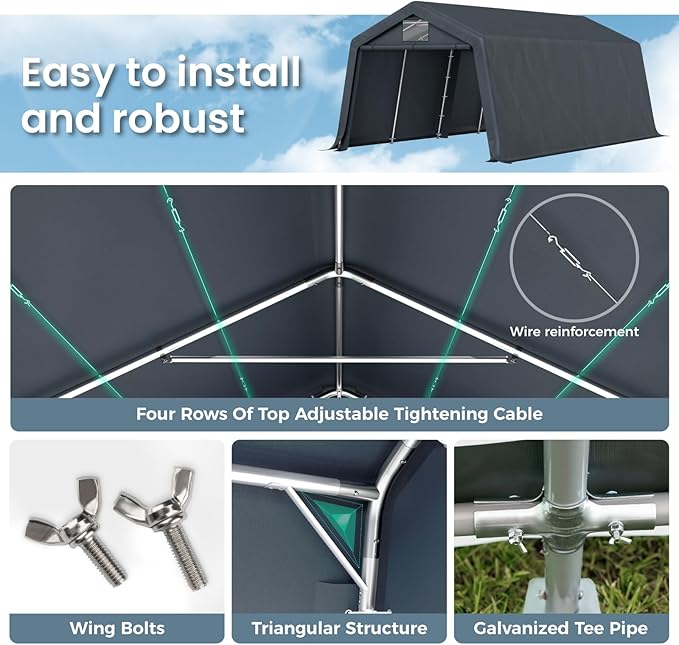 GREEN PARTY Storage Shelter Shed, 13x22 ft Portable Shed Outdoor Carport with Roll-up Zipper Door & Vents, Outdoor Storage Shed Portable Garage for Motorcycle, Bike, Waterproof & UV Protected, Gray