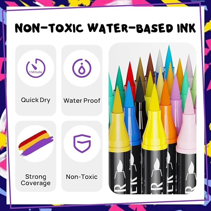 60 Colors Dual Tip Acrylic Paint Markers,Fine Tip and Brush Tip Permanent Acrylic Paint Pens For Rock Painting, Canvas, Wood, Glass, Ceramic, Fabric, Plastic, Egg, Scrapbook,Art Painting Supplies Kit