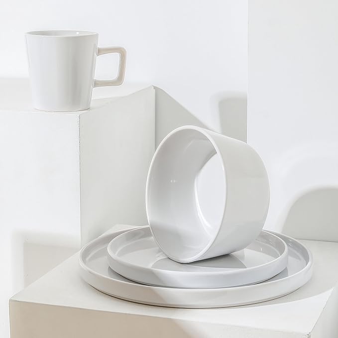 Stone Lain Celina Modern Stoneware 16-Piece Dinnerware Set, Plates and Bowls Set, White Glossy, Dish Set Service For 4