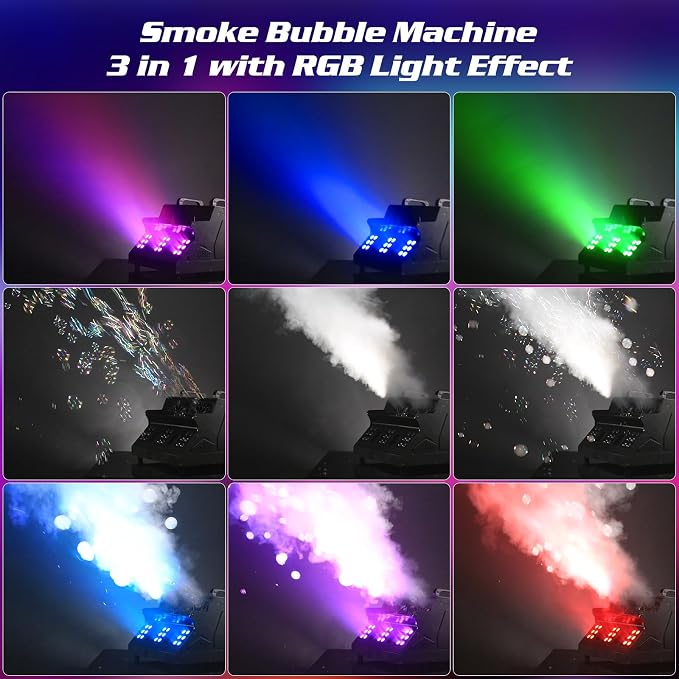 2000W Fog Bubble Machine, 3 in 1 Bubble Machine with 2 Bubble Fans,7 CH 18 RGB LED Lights Smoke Bubble All IN 1 Machine, Fog Machine Stage Effect for Party, Wedding, Halloween, 2 PACK
