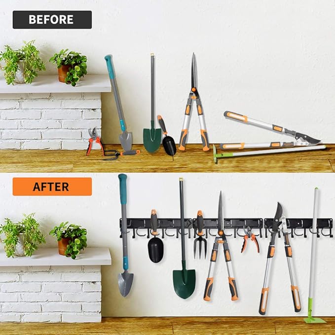 YueTong All Metal Garden Tool Organizer,Adjustable Garage Wall Organizers and Storage,Heavy Duty Wall Mount Holder with Hooks for Broom,Rake,Mop,Shovel.(3 Pack)