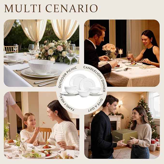 KINGSTONE Bone China Dinnerware Set, 12-Piece White Lightweight Porcelain with Textured Design Service for 4, Plates, Bowls, for Family Dining, Restaurants, Gifting, Microwave and Dishwasher Safe