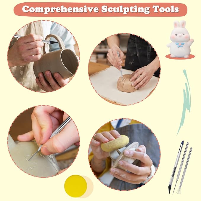 UHAPEER Air Dry Clay Kit for Adults, Pottery Set for Beginners with Clay, Sculpting Tools, Varnish, Pottery Paint, Step-by-Step Guide & Video, Gift for Arts Crafts Lover