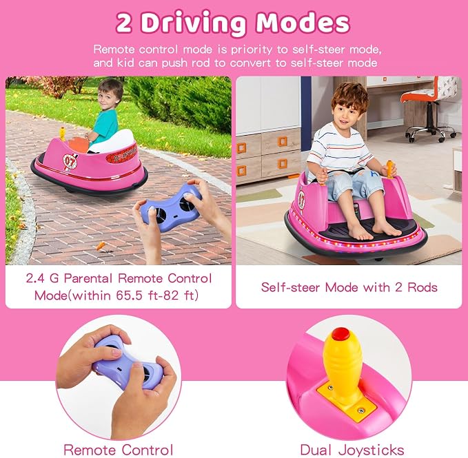HONEY JOY 12V Toddler Bumper Car, Battery Powered Baby Ride on Bumper Car, Dual Joysticks, Flashing LED Light & 360 Degree Spin, Electric Vehicle Ride on Toys w/Remote Control, Gift for Boys Girls