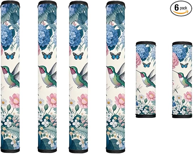 Refrigerator Door Handle Covers Set of 6 Washable Electric Appliance Decor Handles Anti-Skid Kitchen Accessories for Indoor Home Decor, Hummingbird Peony Daisy Butterfly