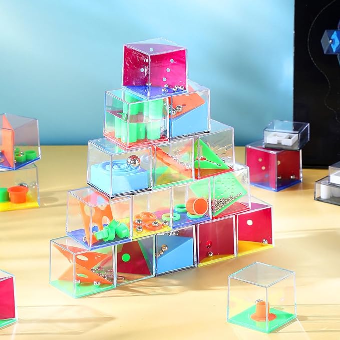 Lenwen 96 Pcs Brain Teaser Puzzle Mini Fidget Puzzle Cubes 3D Ball Maze Cube Cubes Party Favor Games Challenge Decompression(Classic Colors)