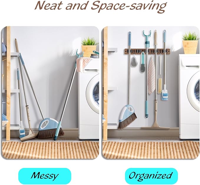 Mop and Broom Holder Wall Mount - Wood Broom Mop Hanger - Wall Mounted Garden Tool Rack Organizer for Closet Garage Laundry Room for Rustic Kitchen Decor With 5 Slots & 4 Hooks