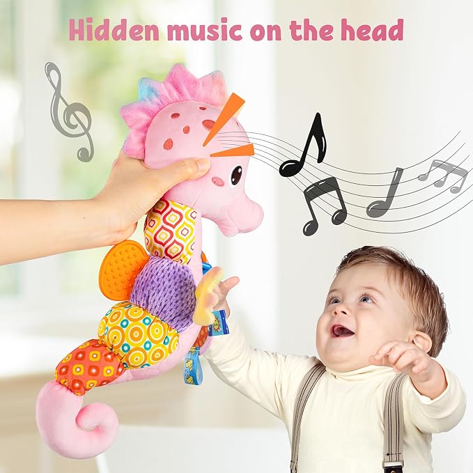 LIGHTDESIRE Baby Toys Sensory Musical Seahorse Soft Plush Stuffed Animals | Infant Toys with Teething Crinkle & Rattles for Newborn 0-3-6-12 Months Tummy Time Toys for Boys Girls Birthday Shower Gifts