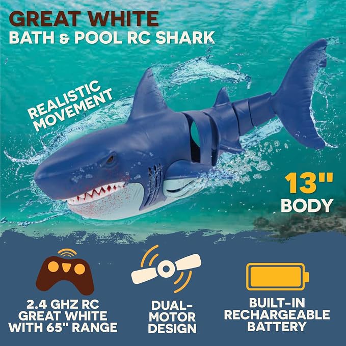Terra by Battat – Remote Control Shark Toy for Bath & Pool Play – Electronic Great White Shark with Realistic Movement – Water Fun for Kids 6+ Years