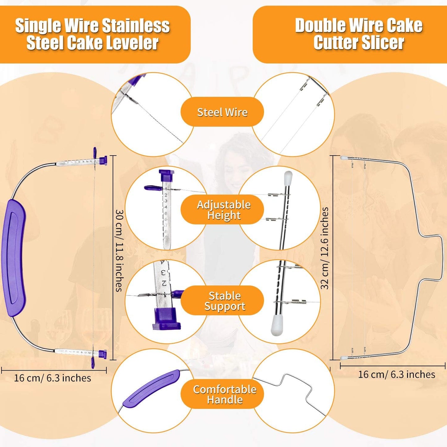 Boao 3 Pieces Kitchen Baking Tools, Adjustable Cake Levelers, Double Wire Cake Slicer Levelers and Stainless Steel Knife with Plastic Handle for Wedding Birthday Leveling and Molding