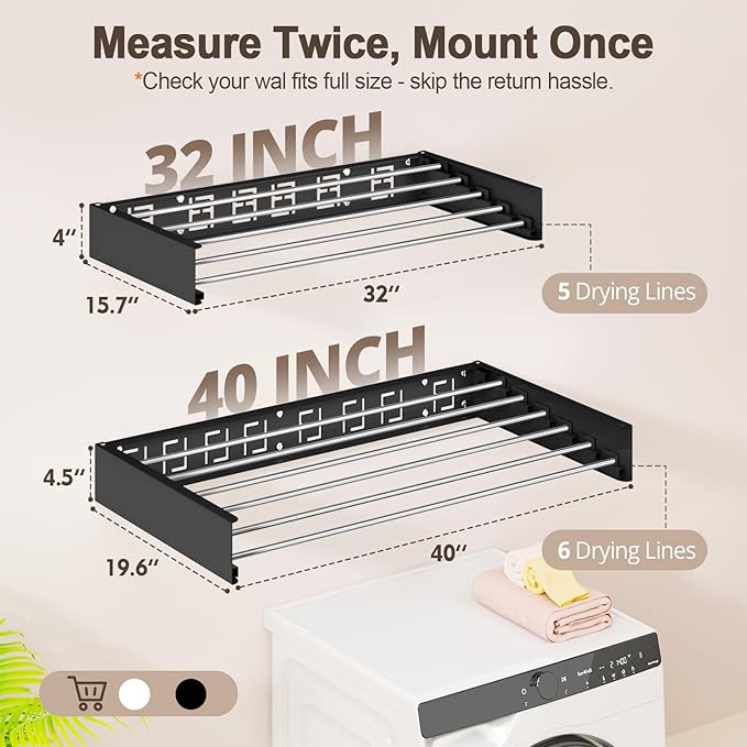 Wall Mounted Clothes Drying Rack Folding Indoor, Foldable Laundry Drying Rack Collapsible,Invisible, Space Saving, Retractable Towel Drying Rack, with Wall Template(6 Drying Rods, Black 40")